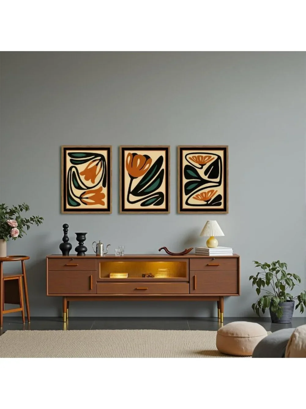 Set of 3 Mid Century Floral Wall Art - Modern Abstract Botanical Decor, 12x16